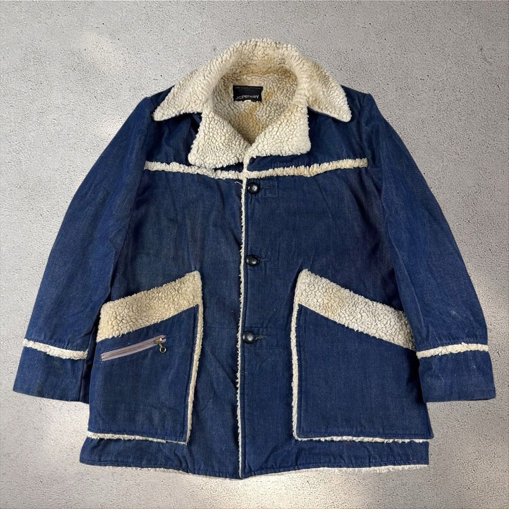 Vintage JCPenney Denim Sherpa Rancher Jacket Medium 70s Western Cowboy Dark